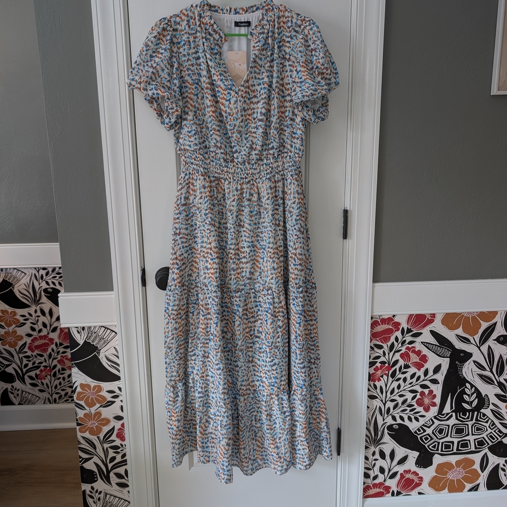 Chic Blue and Orange Patterned Maxi Dress
